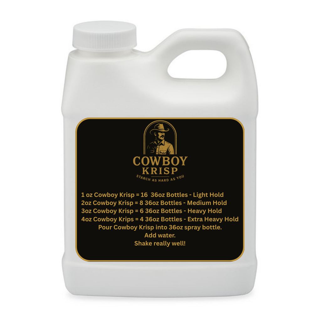 Back label of Cowboy Krisp Super Concentrated Starch bottle featuring product information, mixing directions for light to extra heavy hold starch, and instructions for creating custom starch blends with 36 ounces of water.
