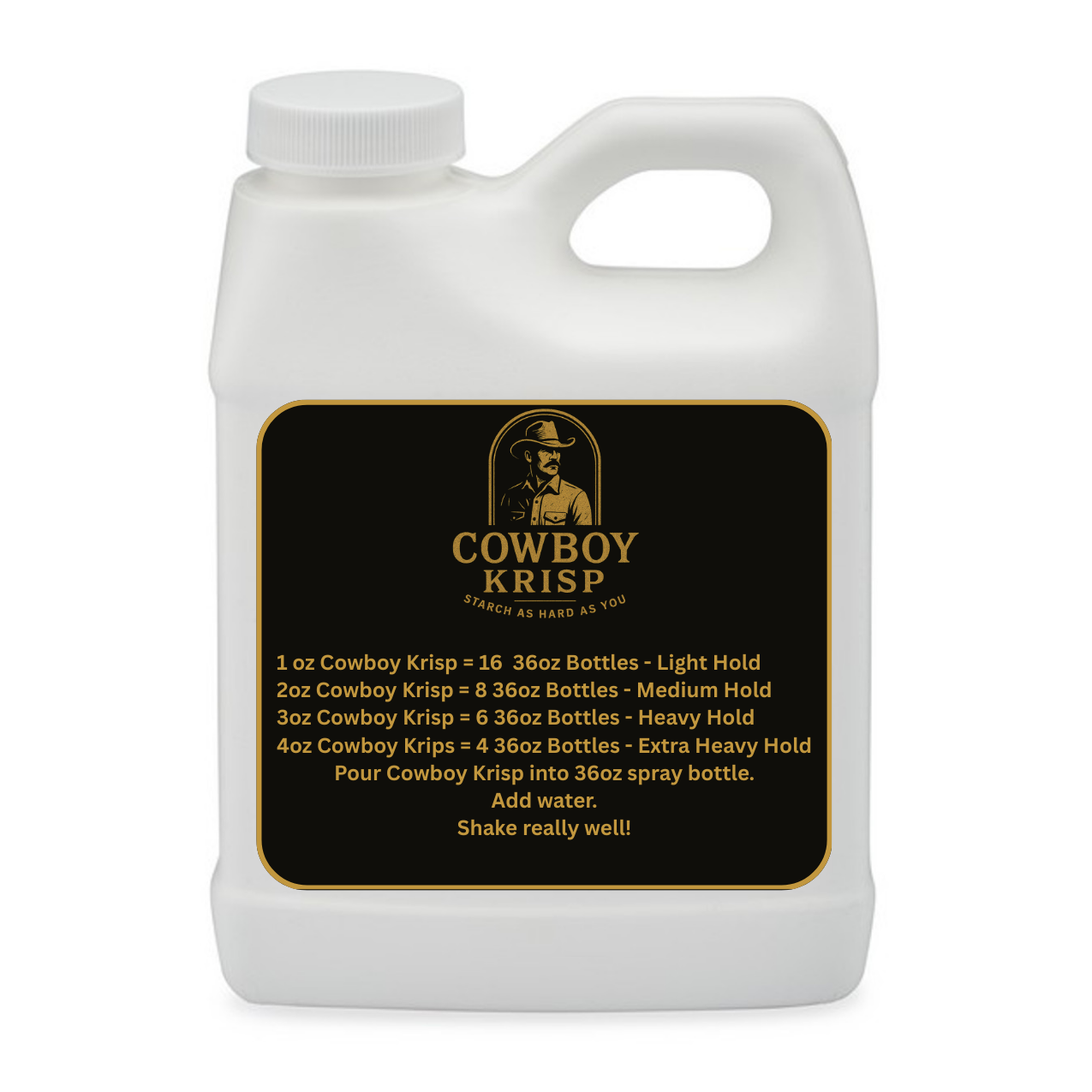 Back label of Cowboy Krisp Super Concentrated Starch bottle featuring product information, mixing directions for light to extra heavy hold starch, and instructions for creating custom starch blends with 36 ounces of water.
