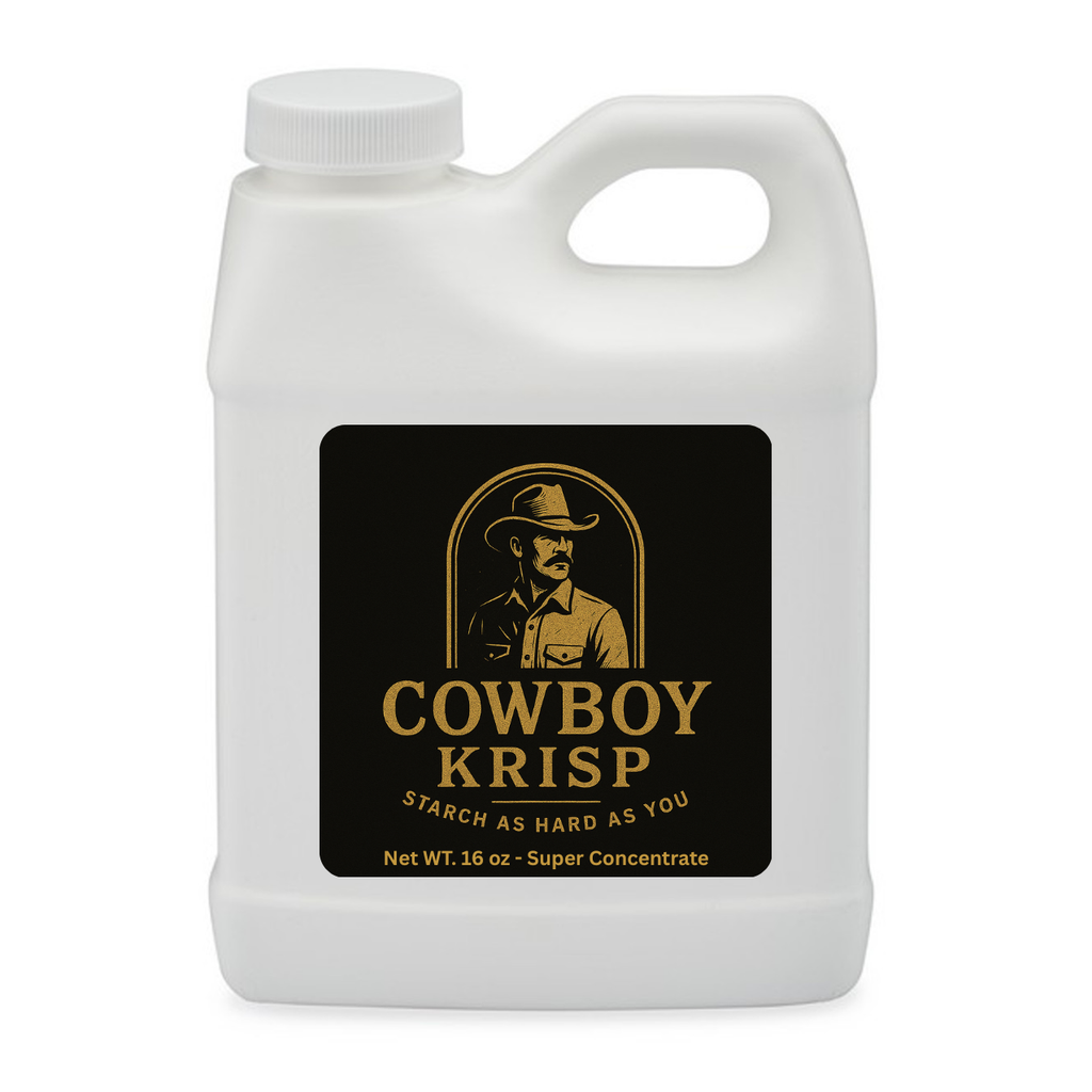 Front label of Cowboy Krisp Super Concentrated Starch bottle featuring the Cowboy Krisp logo, the tagline "Starch as Hard as You!", and a 16 oz. dry cleaner-grade starch formula for jeans and western wear.