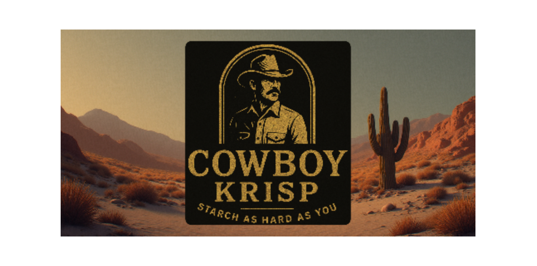 Logo of Cowboy Krisp with a desert landscape in the background